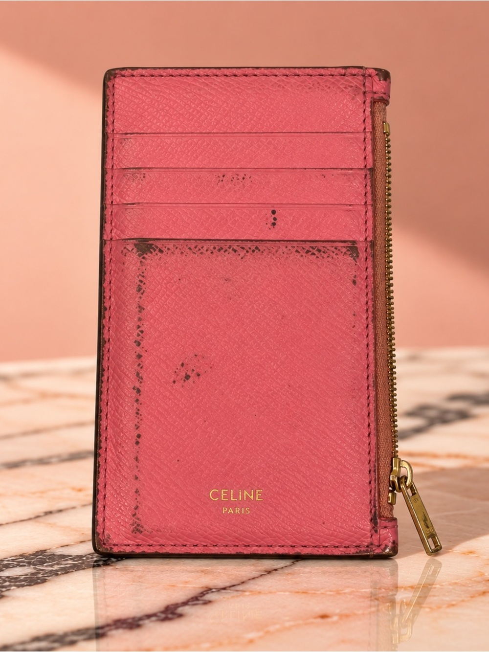 CELINE Textured Leather Pink Card Holder with Zip Pocket | Pre loved Luxury